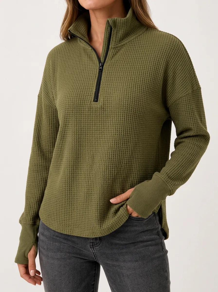 Classic Weekend Waffle Knit Quarter Zip Pullover Top