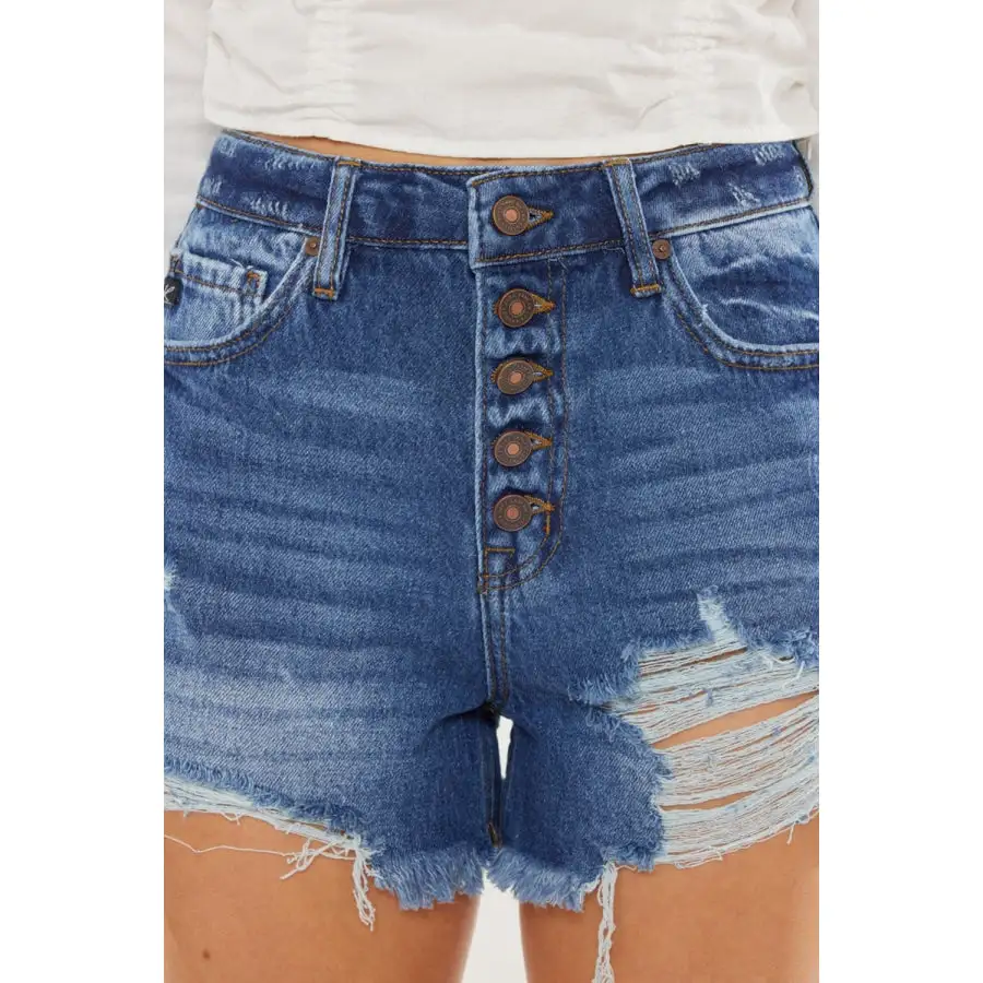 Distressed Button Fly High Waist Denim Shorts