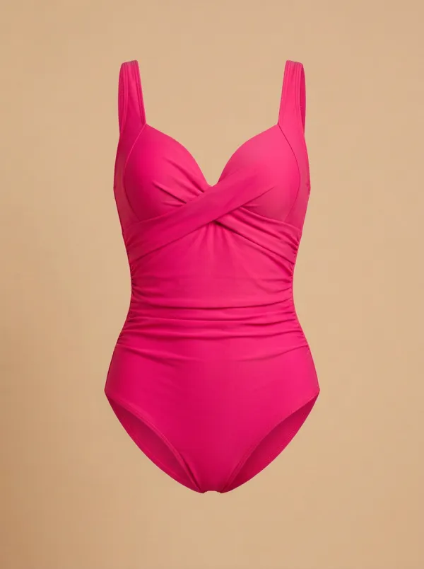 Smooth-Profile Cross-Front Ruched One-Piece Swimsuit
