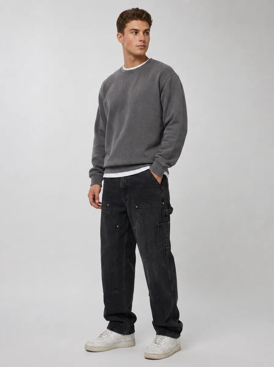 Men's Casual Streetwear Black Washed Denim Carpenter Jeans