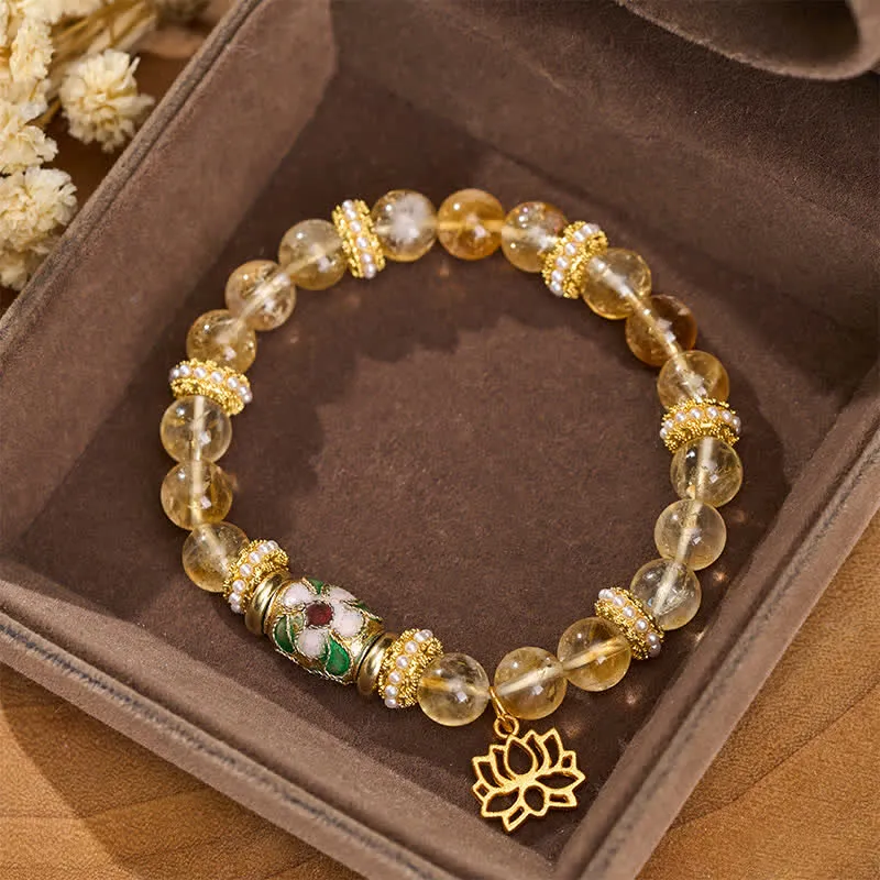 Citrine Lotus Enamel Barrel Bead Hand Polished Bracelet