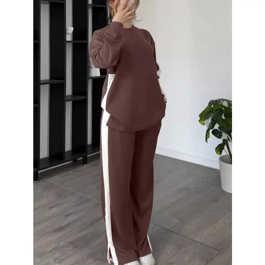 Everyday Contrast Round Neck Top and Pants Set
