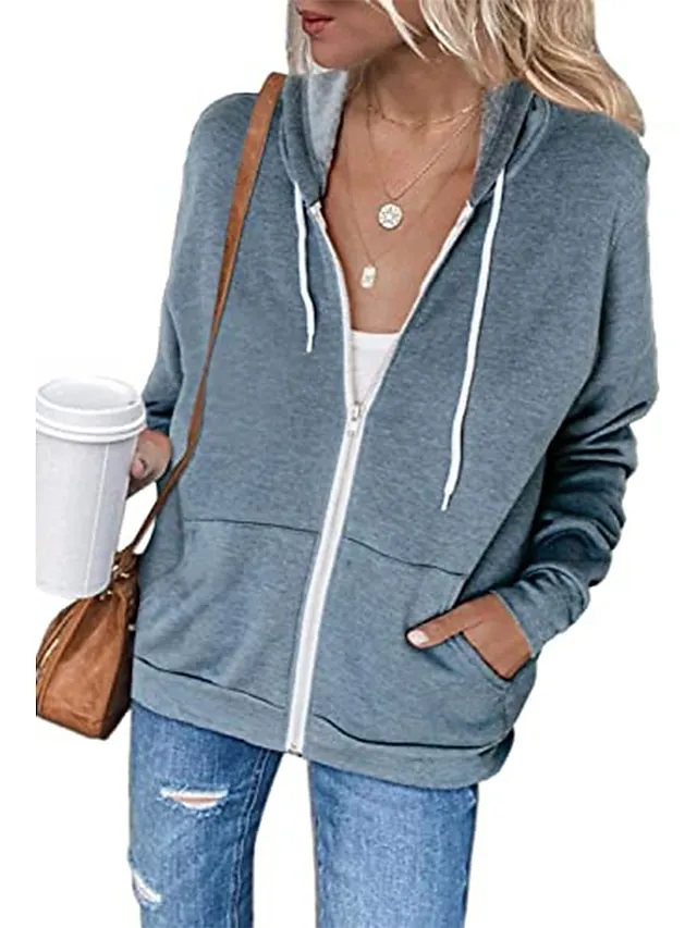 Women's Hoodied Jacket Casual Jacket Fall Spring Outdoor Zipper Plain Breathable Streetwear Regular Fit Outerwear Long Sleeve Summer Black S