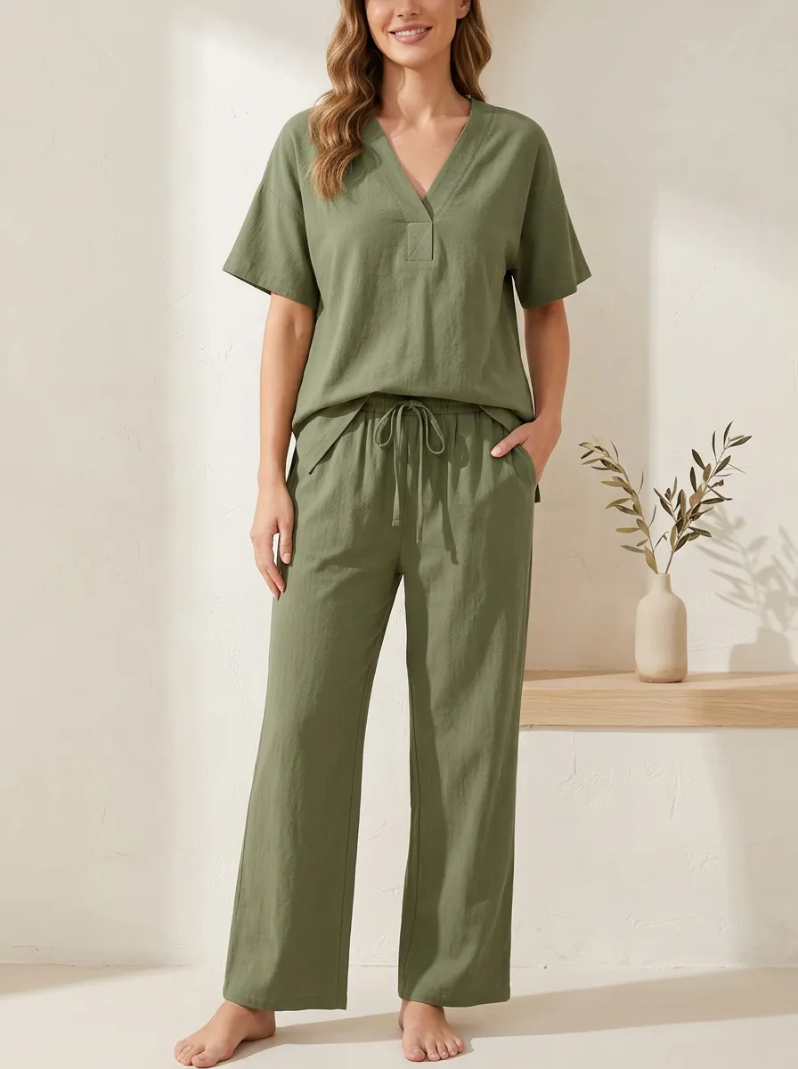 Polished Minimalist Women's V-Neck Casual Lounge Set