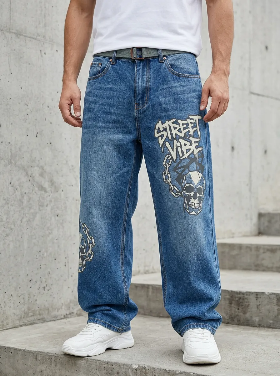 Men's Streetwear Skull Chain Graphic Jeans
