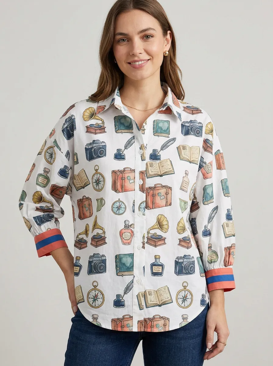 Women's Vintage Traveler Book Camera Printed Button-up Shirt