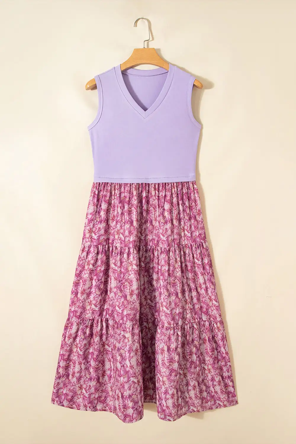 Classic Ribbed V Neck Tank Floral Contrast Patchwork Long Dress