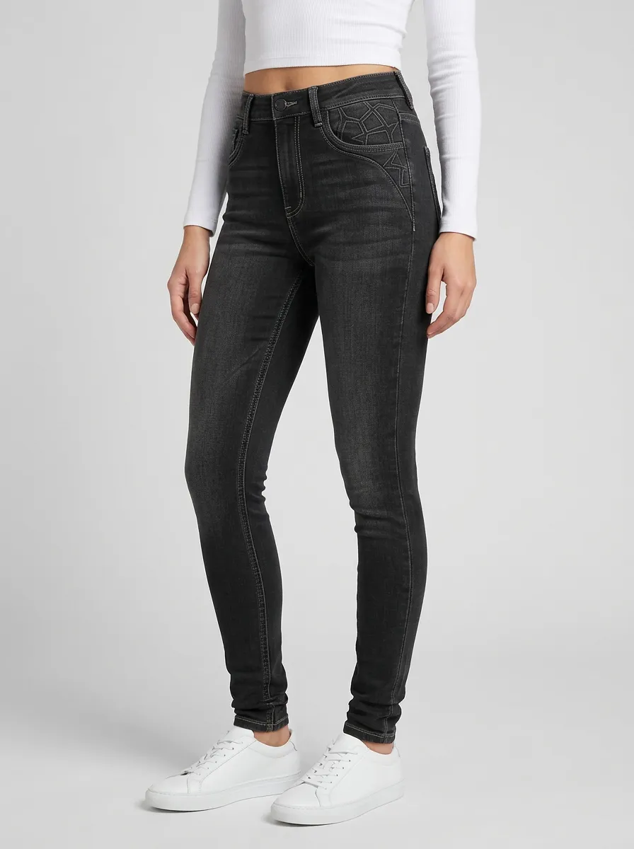 Women's Geometric Pattern Embroidered Black Slim Jeans