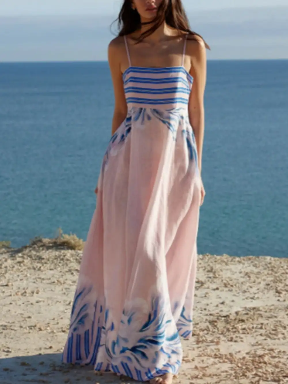 Classic Striped Print Spaghetti Strap Maxi Dress
