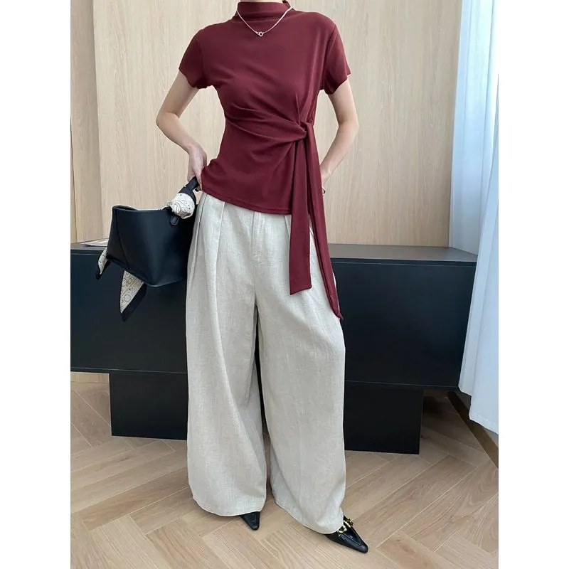 Versatile Semi-High Neck Tie-Waist Short Sleeve T-Shirt