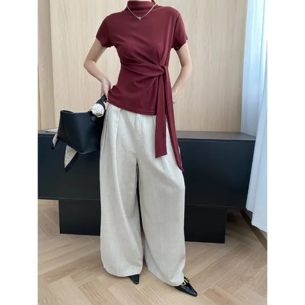 Versatile Semi-High Neck Tie-Waist Short Sleeve T-Shirt