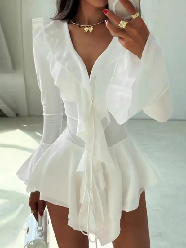 Ruffle Trim Long Sleeve Mini Dress