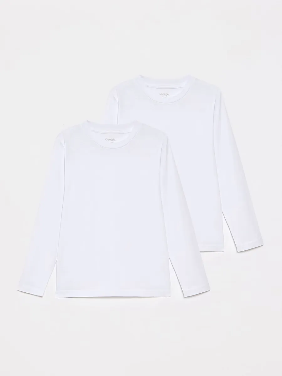 Boys White Crew Neck School Long Sleeve T-Shirt 2 Pack