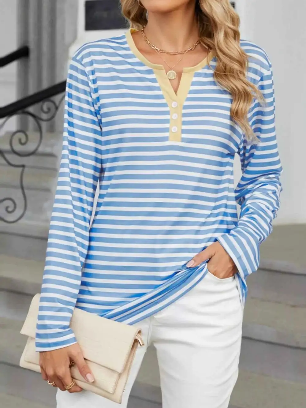 Striped Long Sleeve Henley T-Shirt