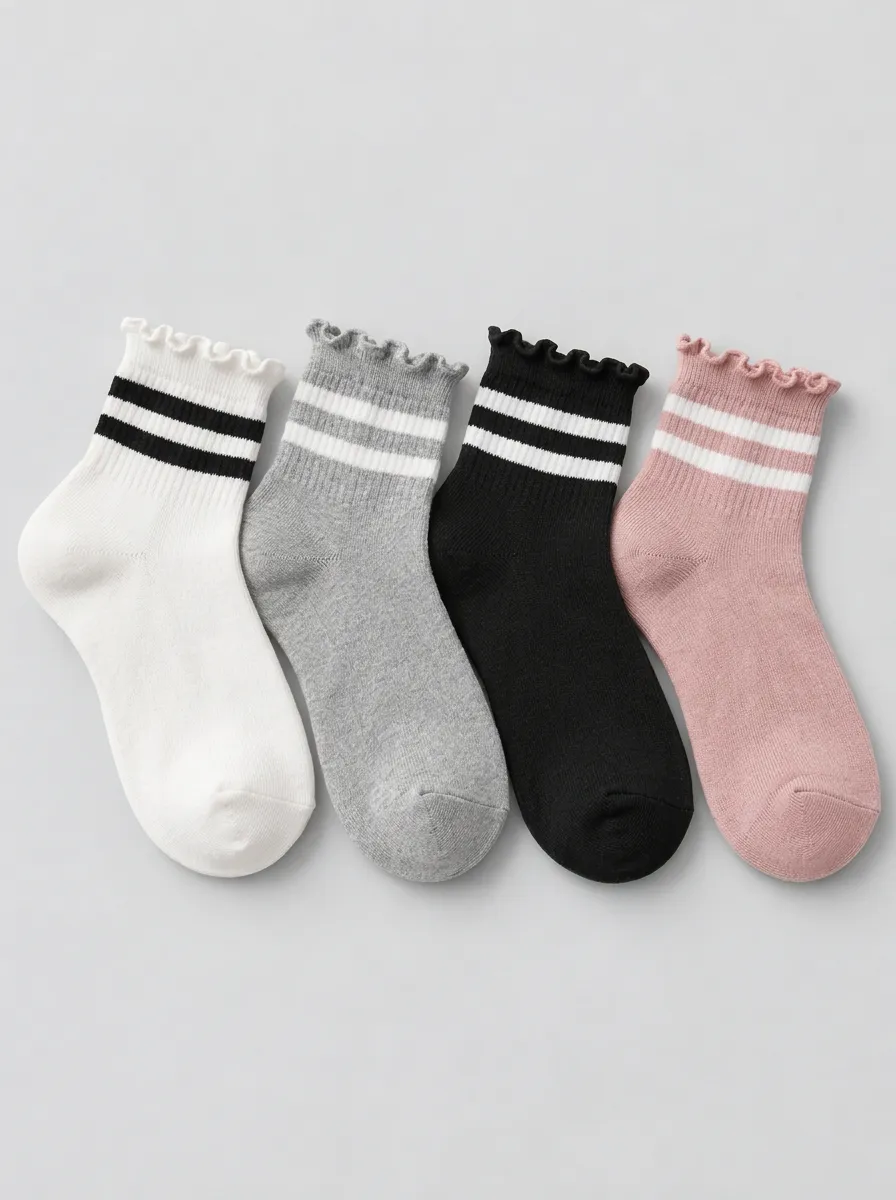Women's Casual Sporty Striped Ruffle Trim Printed Socks 4-Pack