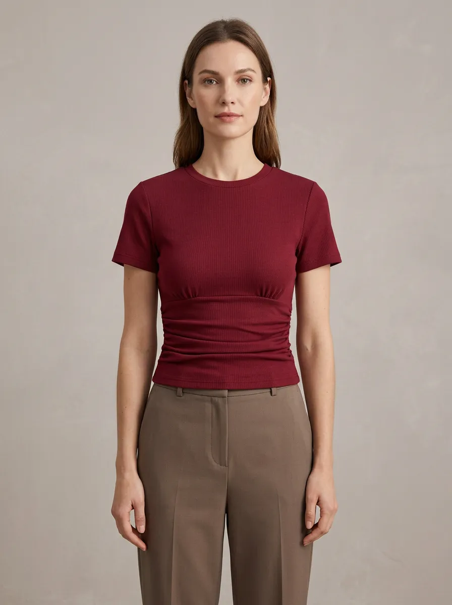 Contoured Waist-Ruched Ruched Ribbed Fitted Top