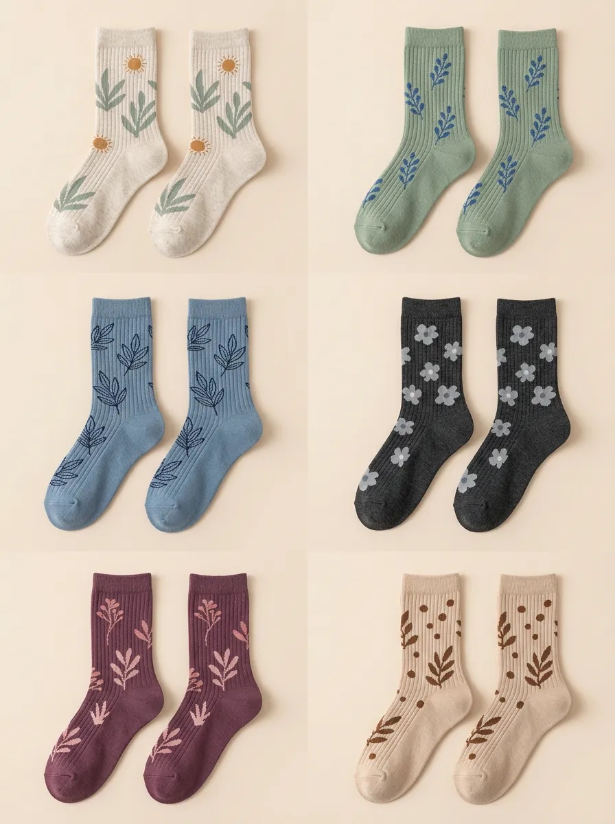 Women's Botanical Floral Ribbed Crew Sock Set