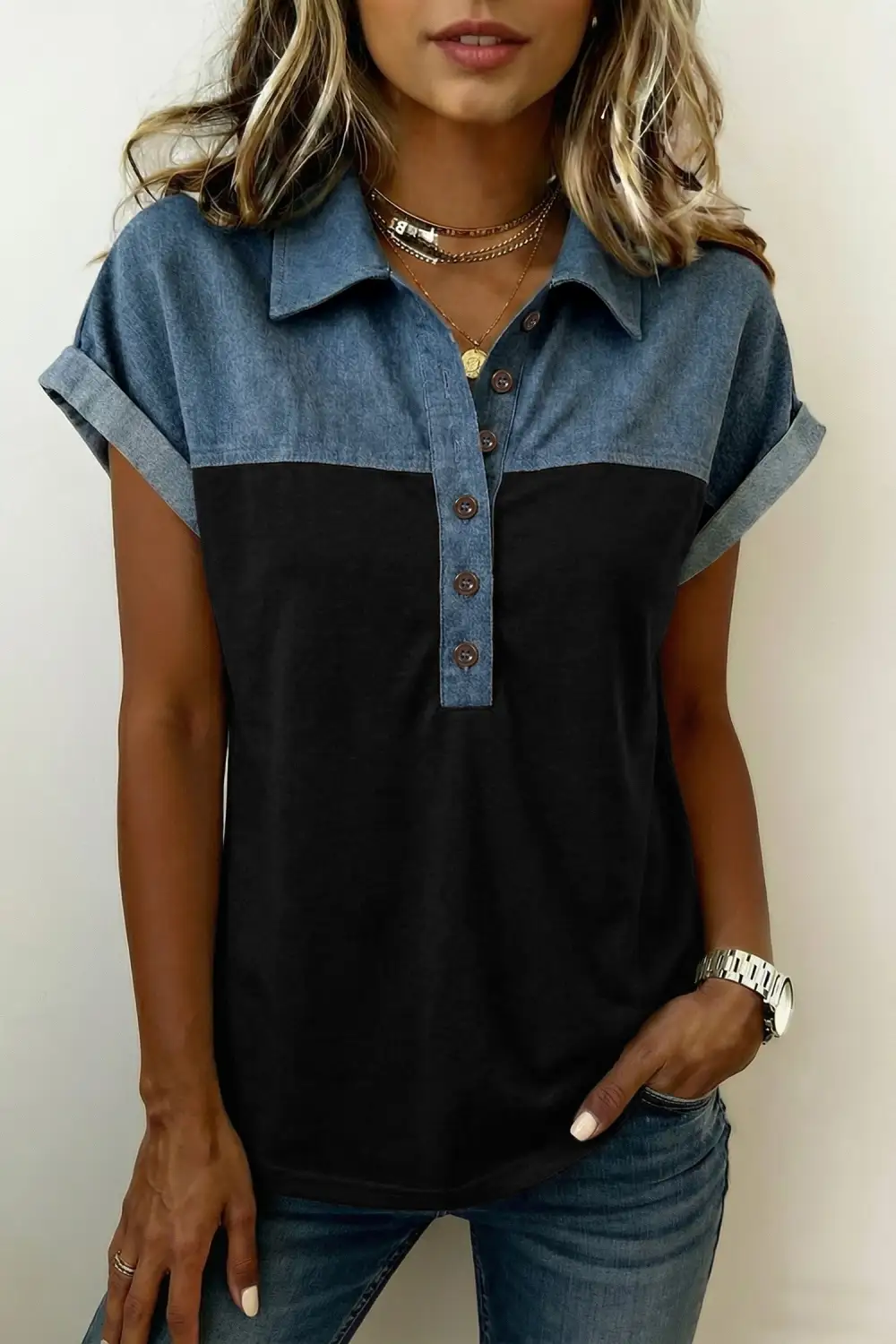 Women's Colorblock Patchwork Polo Collar Top