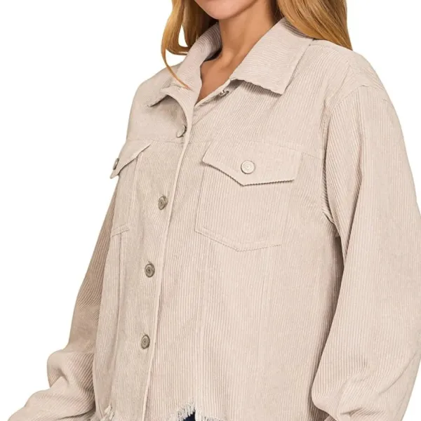 Button Front Distressed Corduroy Cropped Casual Jacket