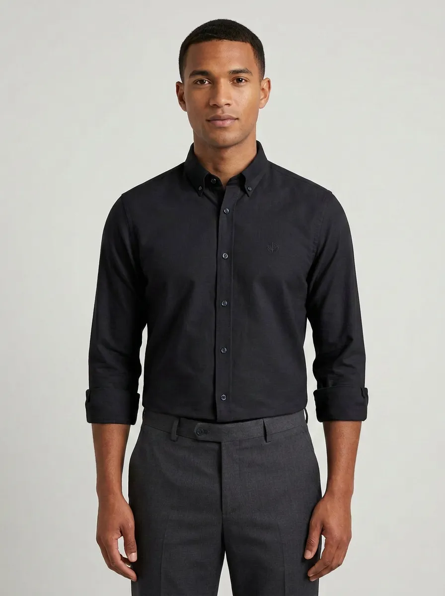 Men's Non-Iron Cotton Light Blue Embroidered Logo Button Down Shirt