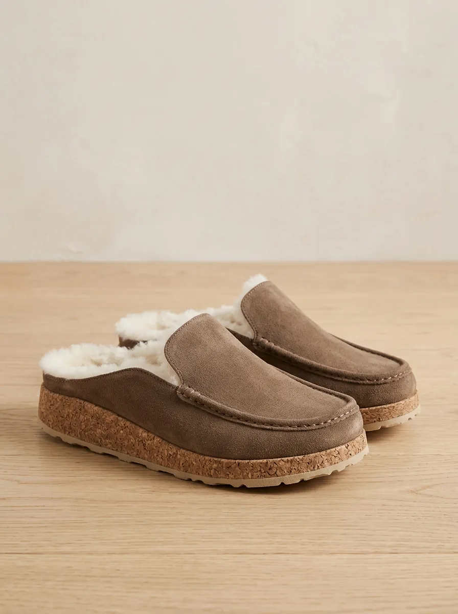 Women's Outdoor Faux Fur Lined Winter Suede Wood Sole Loafers