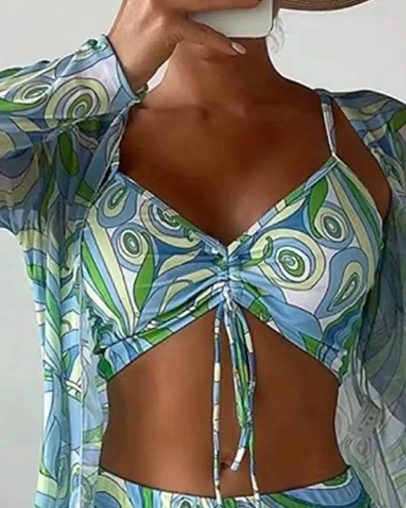 3PCS Abstract Print Drawstring Bikini Set With Cover Up