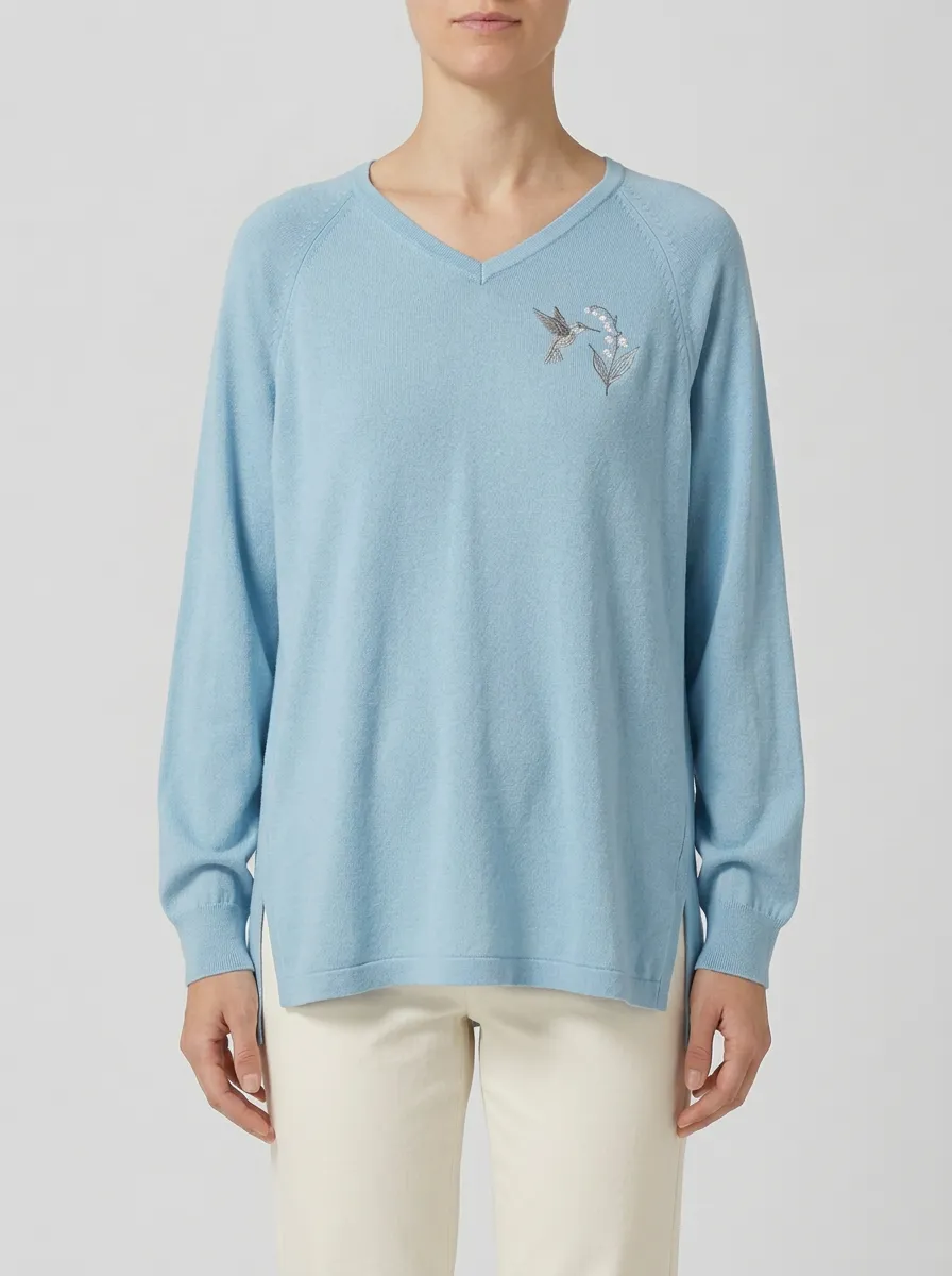 Women's Hummingbird V-Neck Embroidered Pullover
