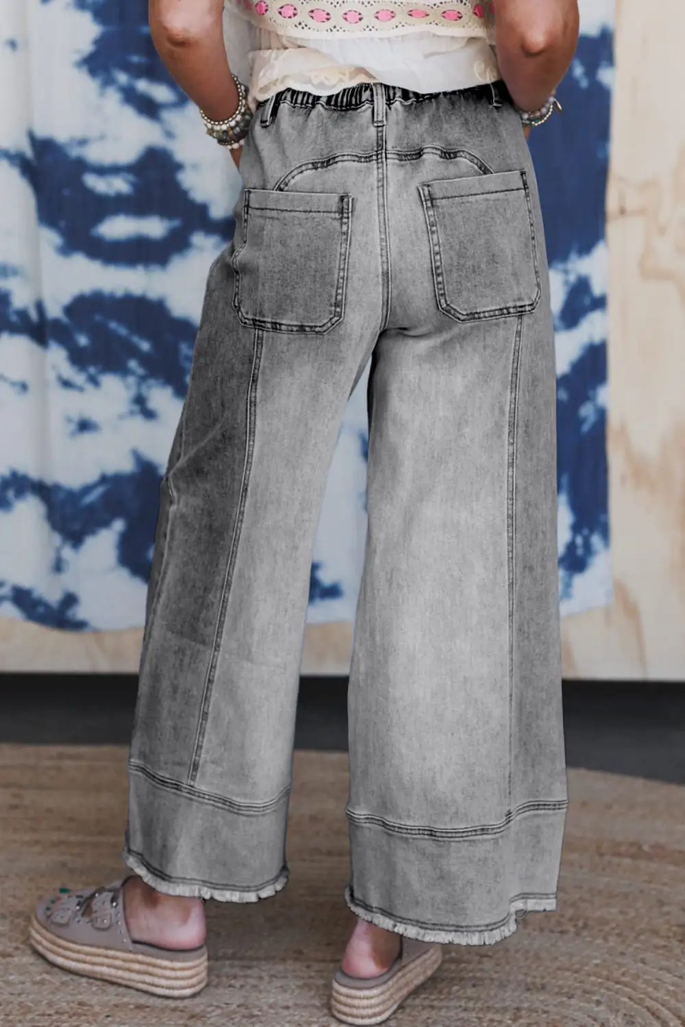 Women's Raw Hem Wide Leg Denim Pants With Drawstring Detail
