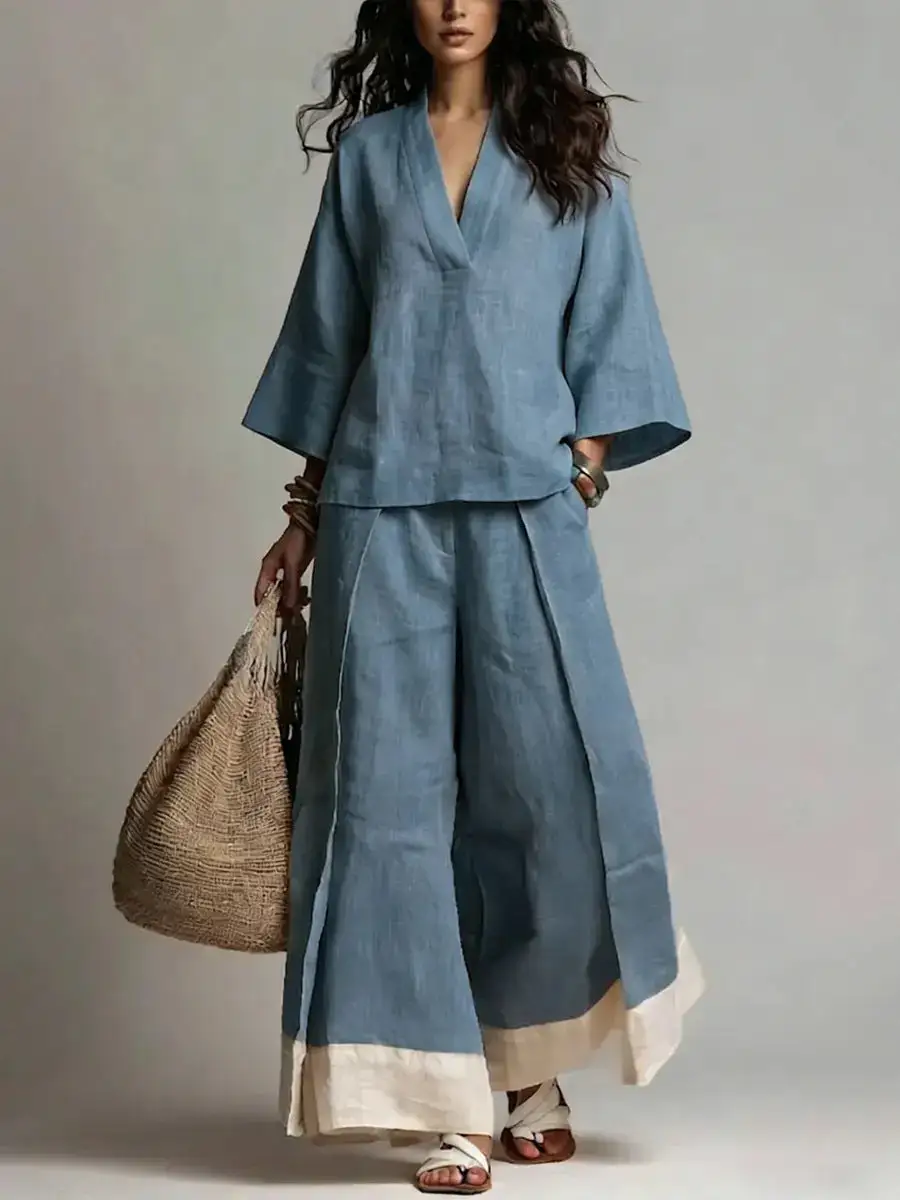 Wide-Leg V-Neck Denim Women's Matching Set