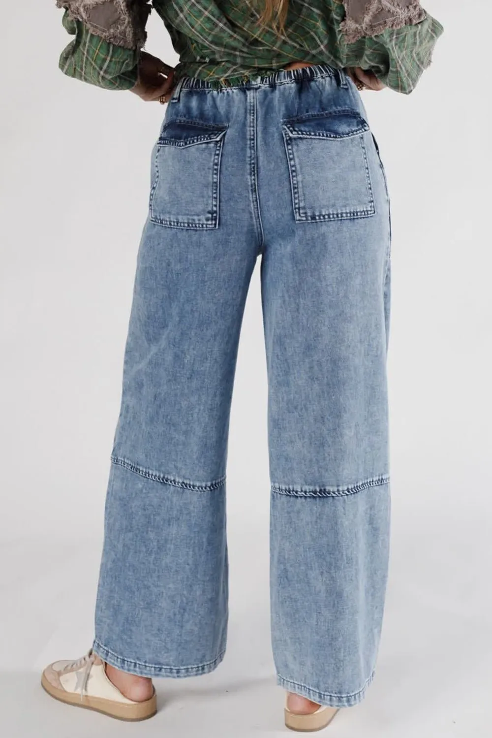 High Waist Drawstring Pocketed Seam Detail Casual Jeans