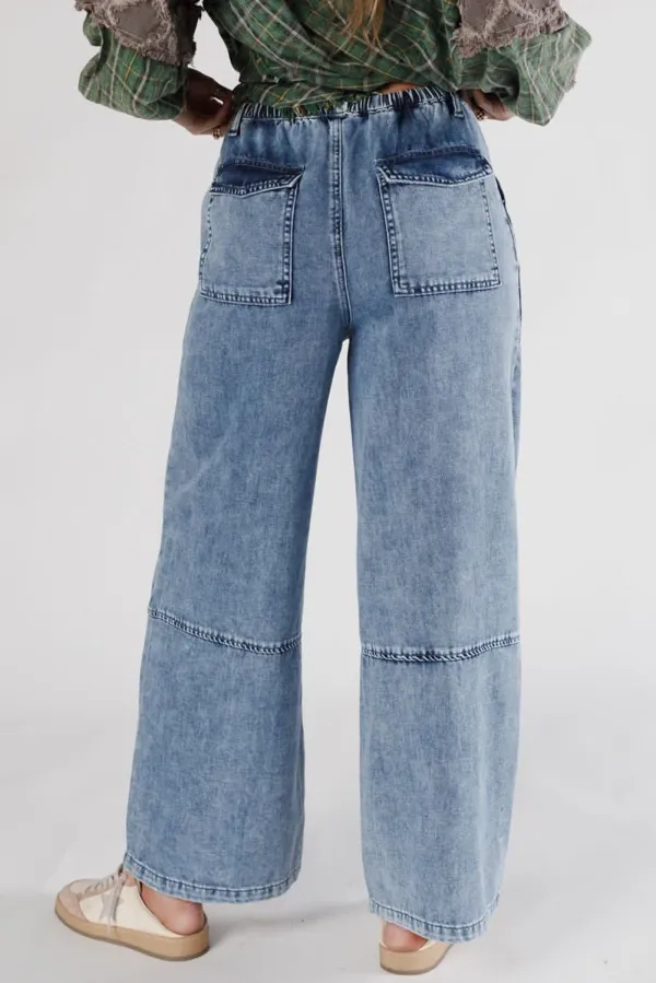 High Waist Drawstring Pocketed Seam Detail Casual Jeans