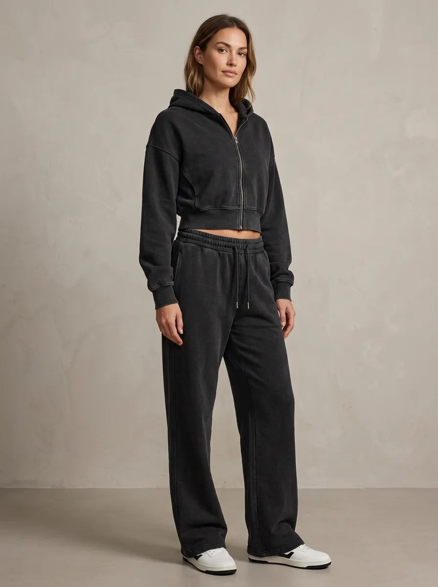 Cropped Zip-Up Vintage-Wash Sweatpants Women's Cropped Zip-Up Hoodie Jogger Active Set