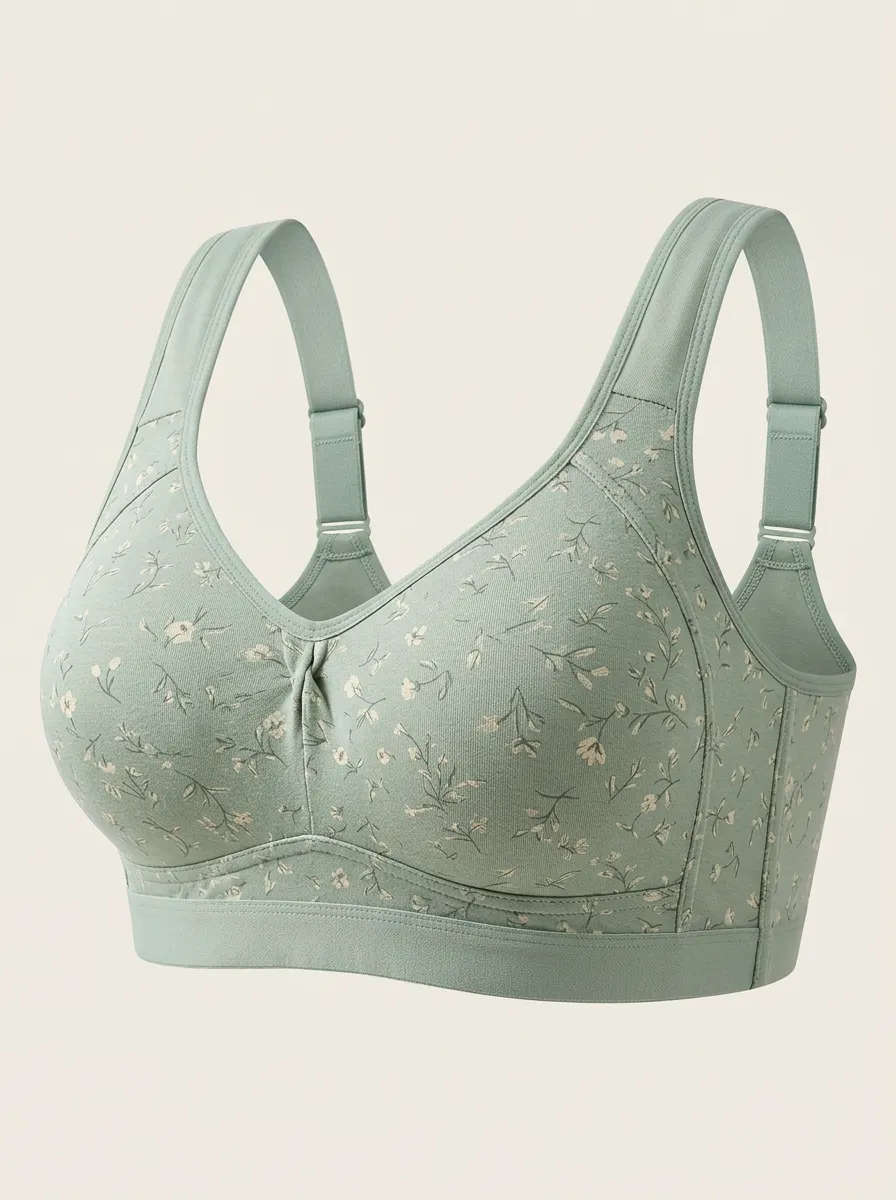 Women's Plus Size Sage Green Floral Full-Coverage Wide-Strap Wireless Bralette