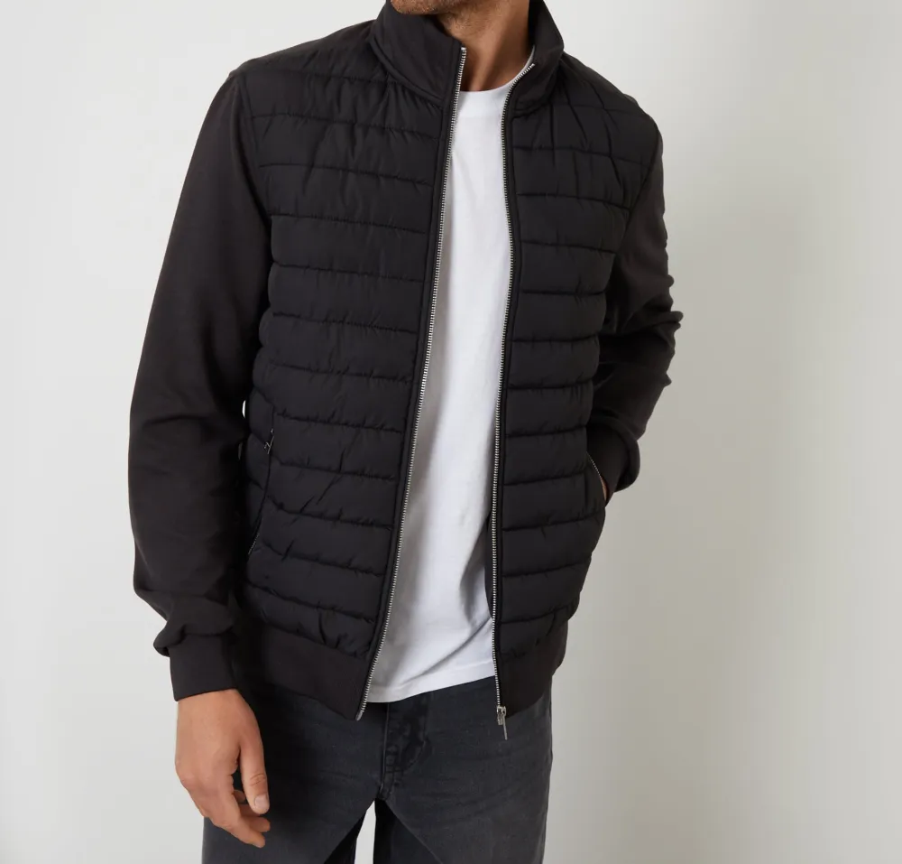 Men's Black Quilted Hybrid Funnel-Neck Jacket