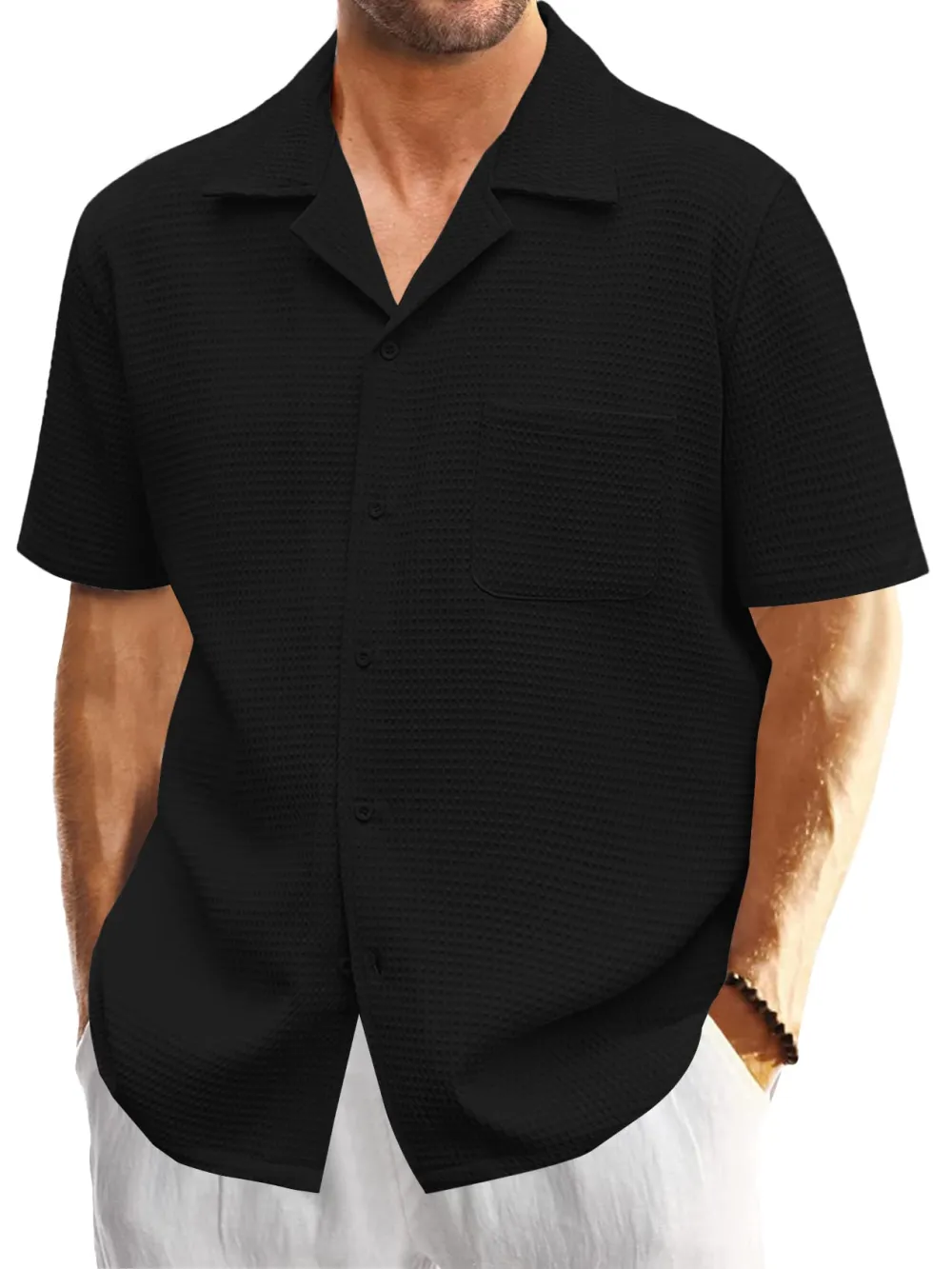 Textured Knit Open Collar Shirt