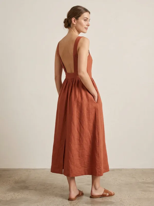Women's Draped Casual Linen Midi Backless Dress