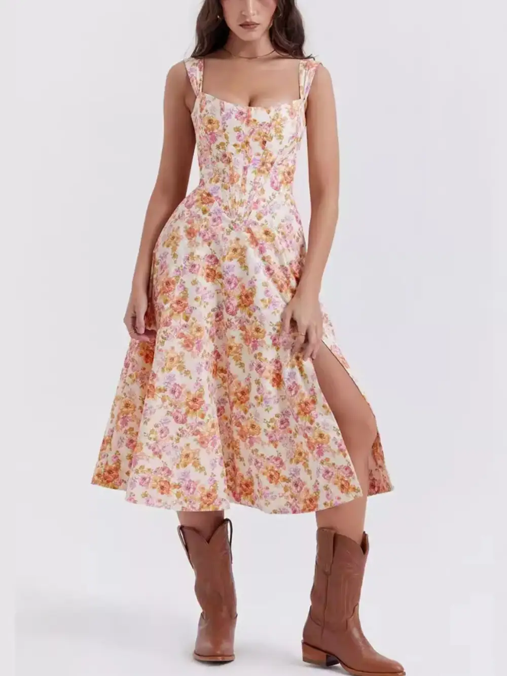 Drape Floral Printed Slit Midi Dress
