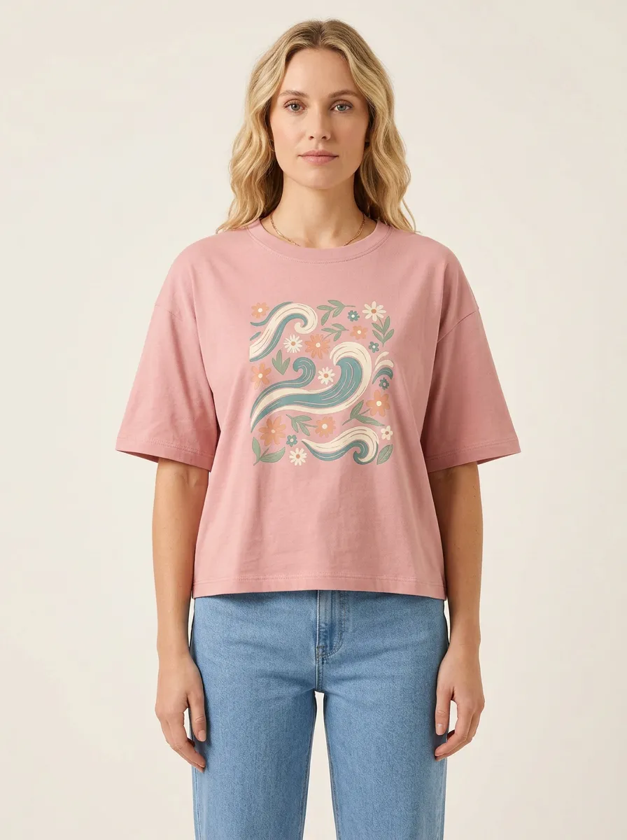 Women's Crew-Neck Graphic Floral-Motif Rib-Trim T-Shirt