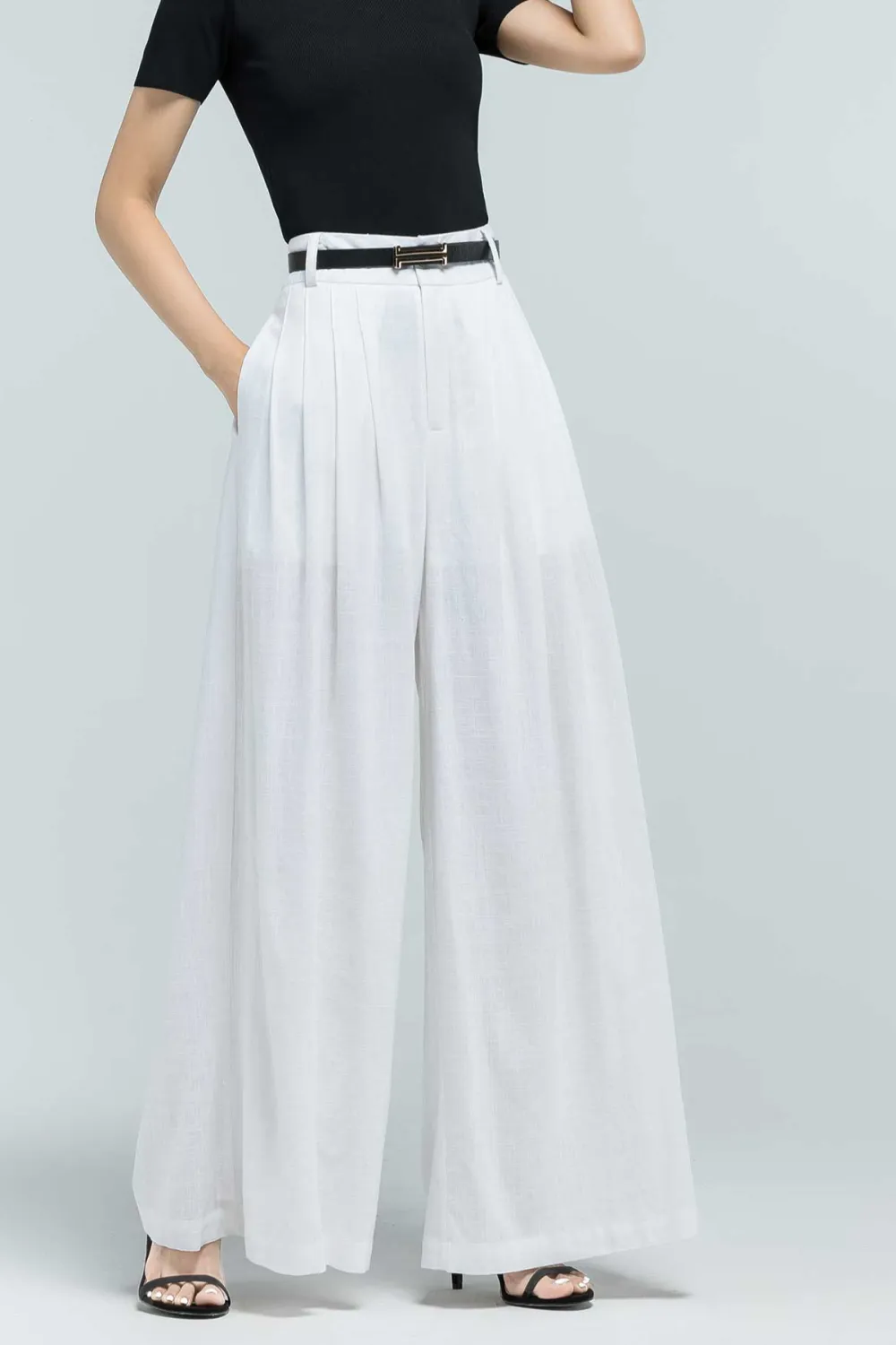 Linen Palazzo Wide Leg Pleated Trousers
