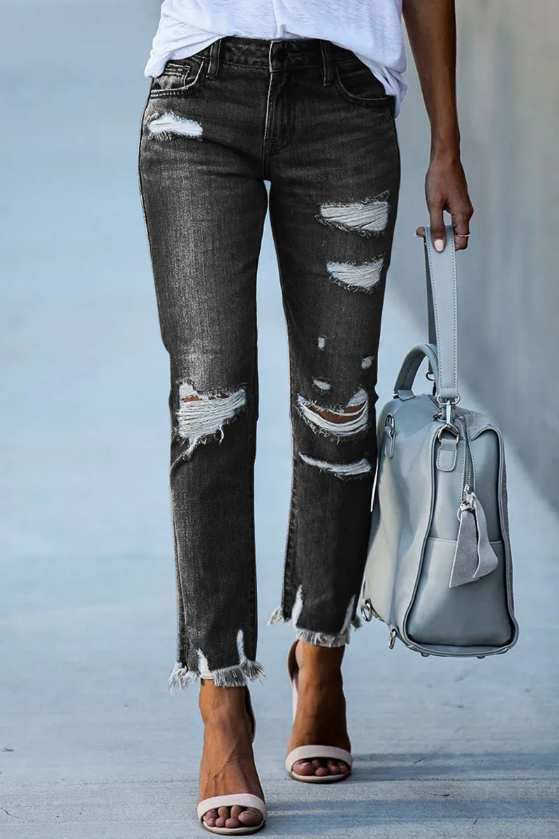 Distressed Raw Hem Straight Leg Jeans