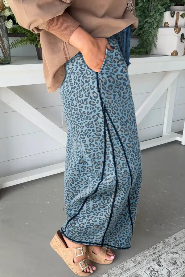 Women's Leopard Print Exposed Seam Detail Wide Leg Drawstring Jeans
