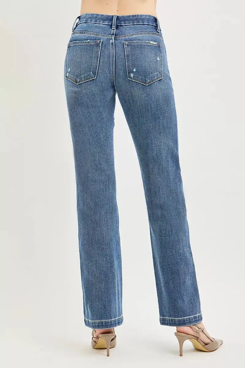 Mid Rise Pintuck Straight Leg Jeans