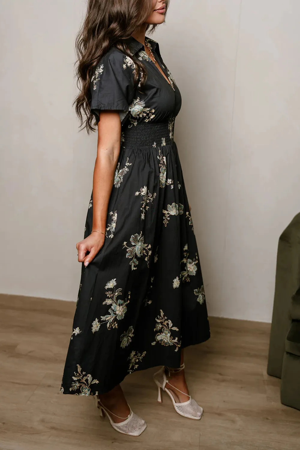 Smocked Zip Up Floral Dress