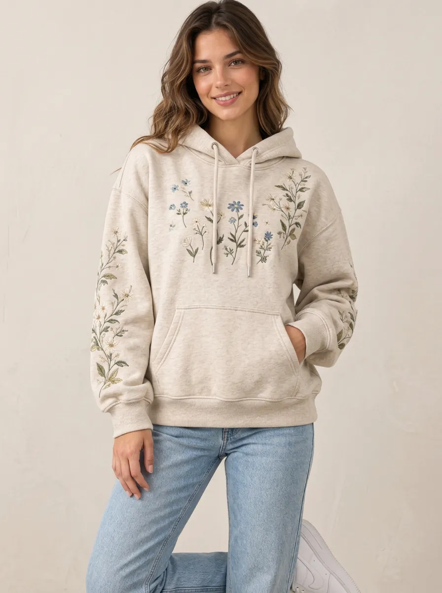 Women's Daily Wear Botanical Floral Embroidered Graphic Nature Inspired Hoodie