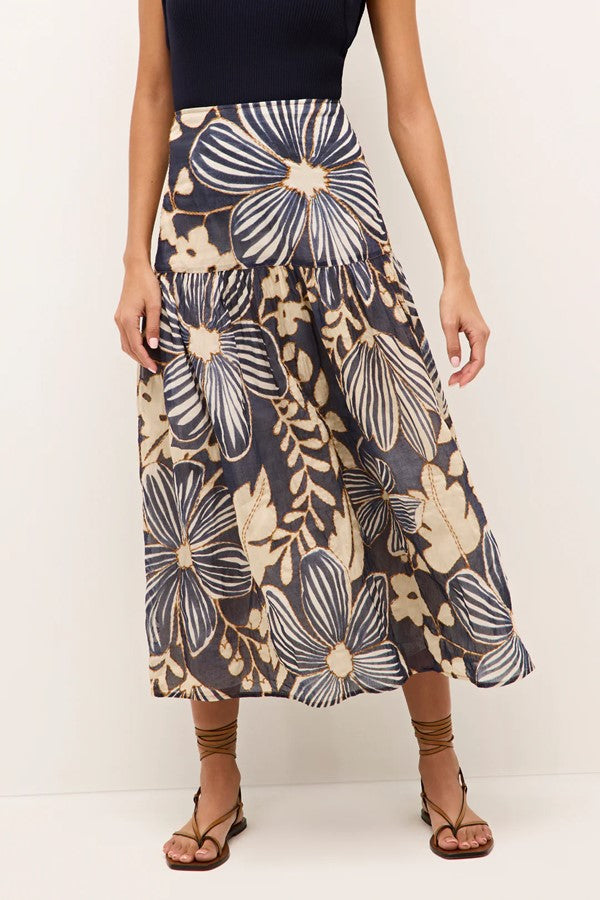 Navy Floral Print Tiered Maxi Skirt