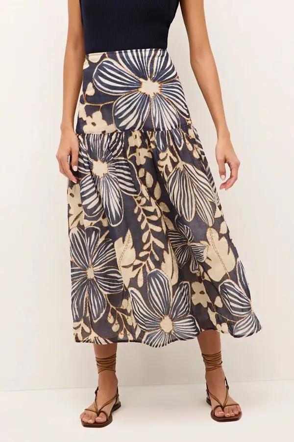 Navy Floral Print Tiered Maxi Skirt