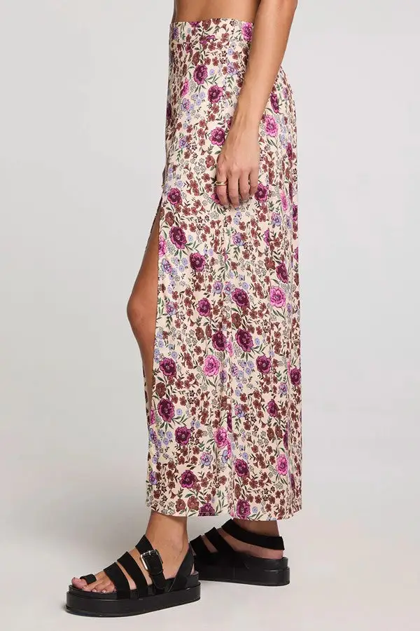 Pink Floral Print Front Slit Midi Skirt