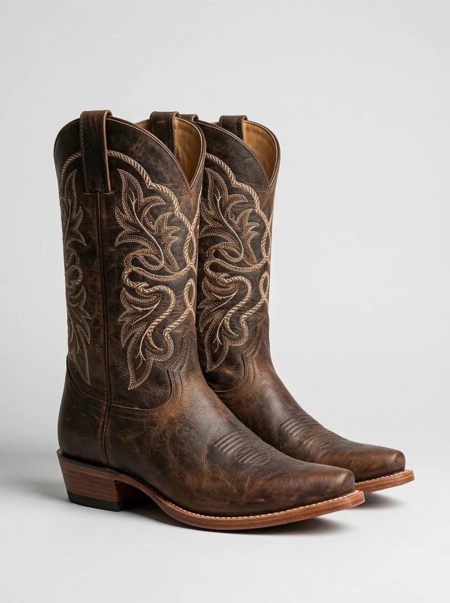 Unisex Southwestern Embroidered Distressed Leather-Look Frontier Look Western Cowboy Boots