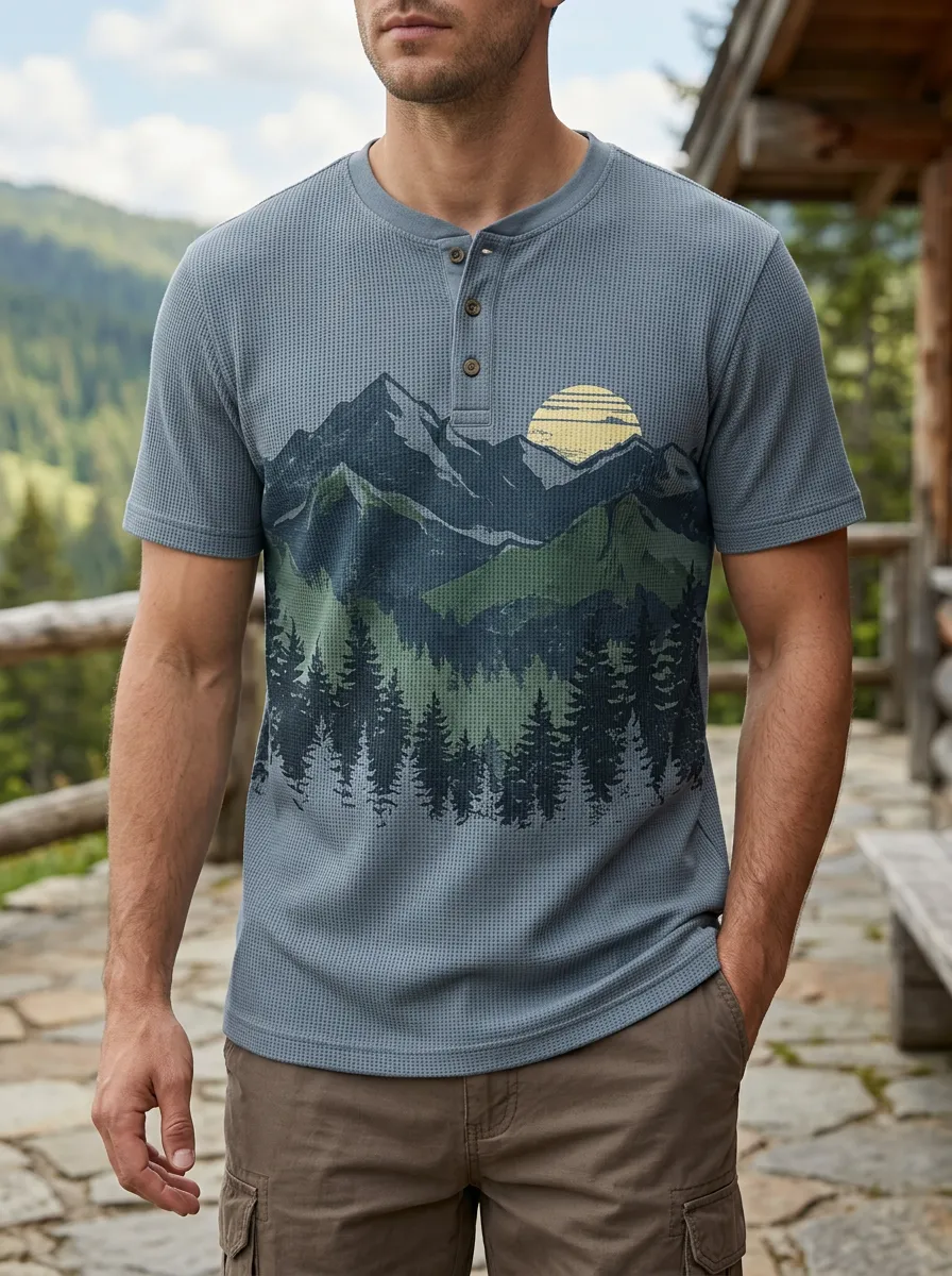 Men's Everyday Outdoor Nature Lover Mountain Forest Henley T-Shirt