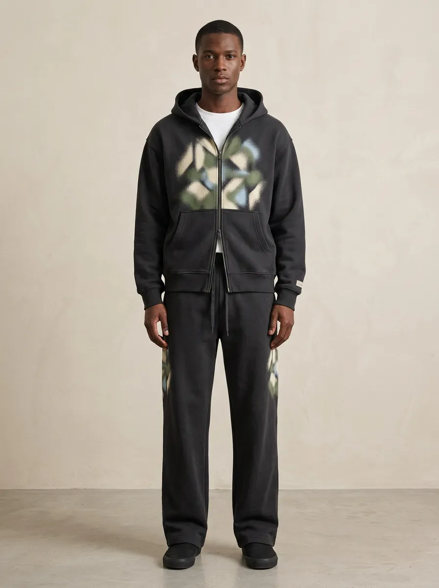 Men's Streetwear Abstract Camo Spray Printed Hooded Tracksuit